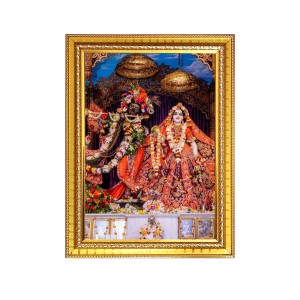 Maa Radha with Sri Krishna Mayapur Iskcon Temple Photo Frame - 10x14 Inches, Brown Wooden Frame for Home, Office & Temple Decoration