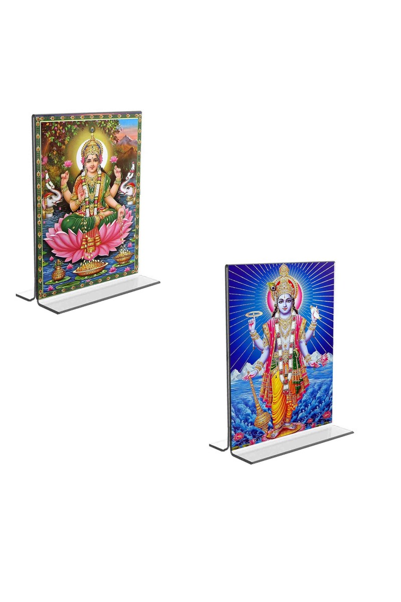 Car Desk/Table Top Lord Vishnu & Maa Lakhsmi Acrylic T-Style Photo Stand - 2.5x3.5 Inches, Compact and Stylish Spiritual Display, easily change 2 photos (Pack of 1)