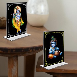 Sri Krishna Acrylic T-Style Photo Stand, Compact and Stylish Spiritual Display, easily change 2 photos (Pack of 1)
