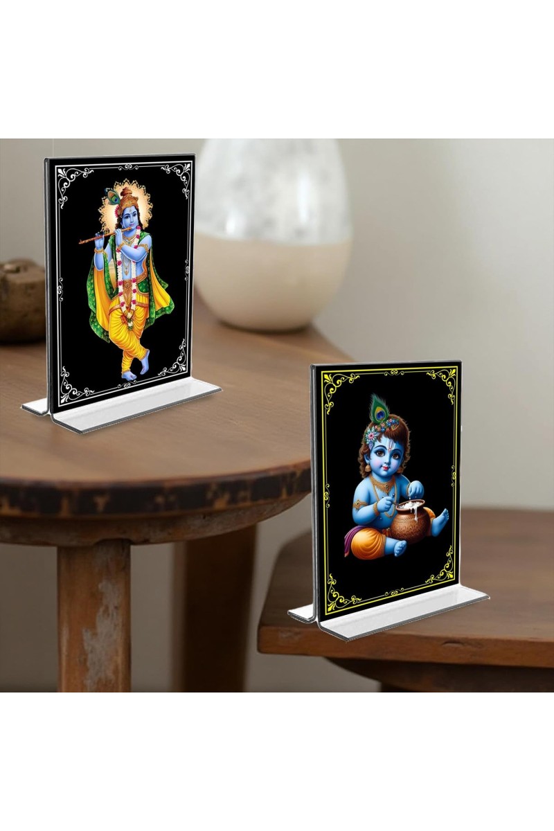 Sri Krishna Acrylic T-Style Photo Stand, Compact and Stylish Spiritual Display, easily change 2 photos (Pack of 1)