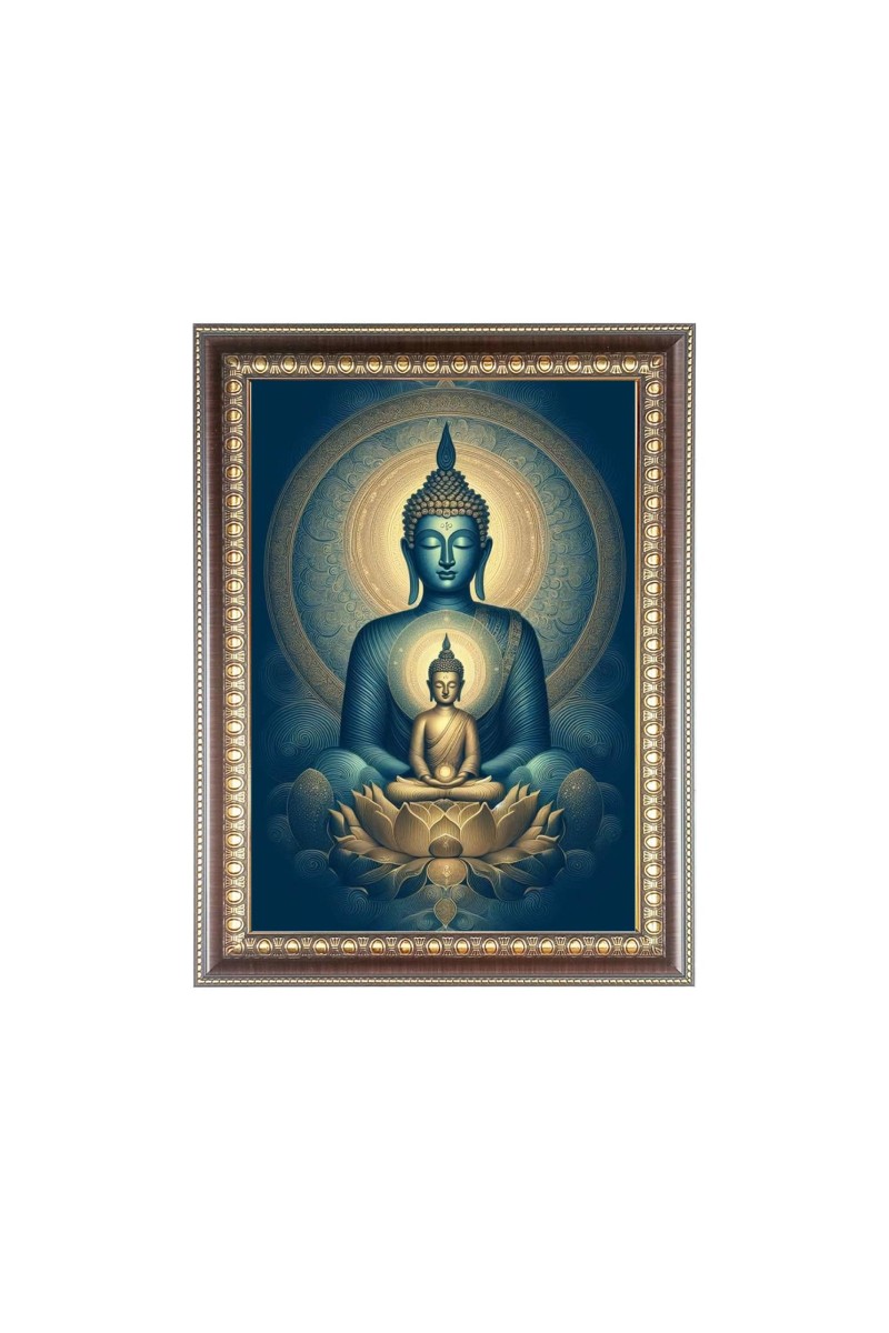 Lord Buddha Photo Frame - 12x16 Inches, Brown Wooden Frame for Home, Office & Temple Decoration