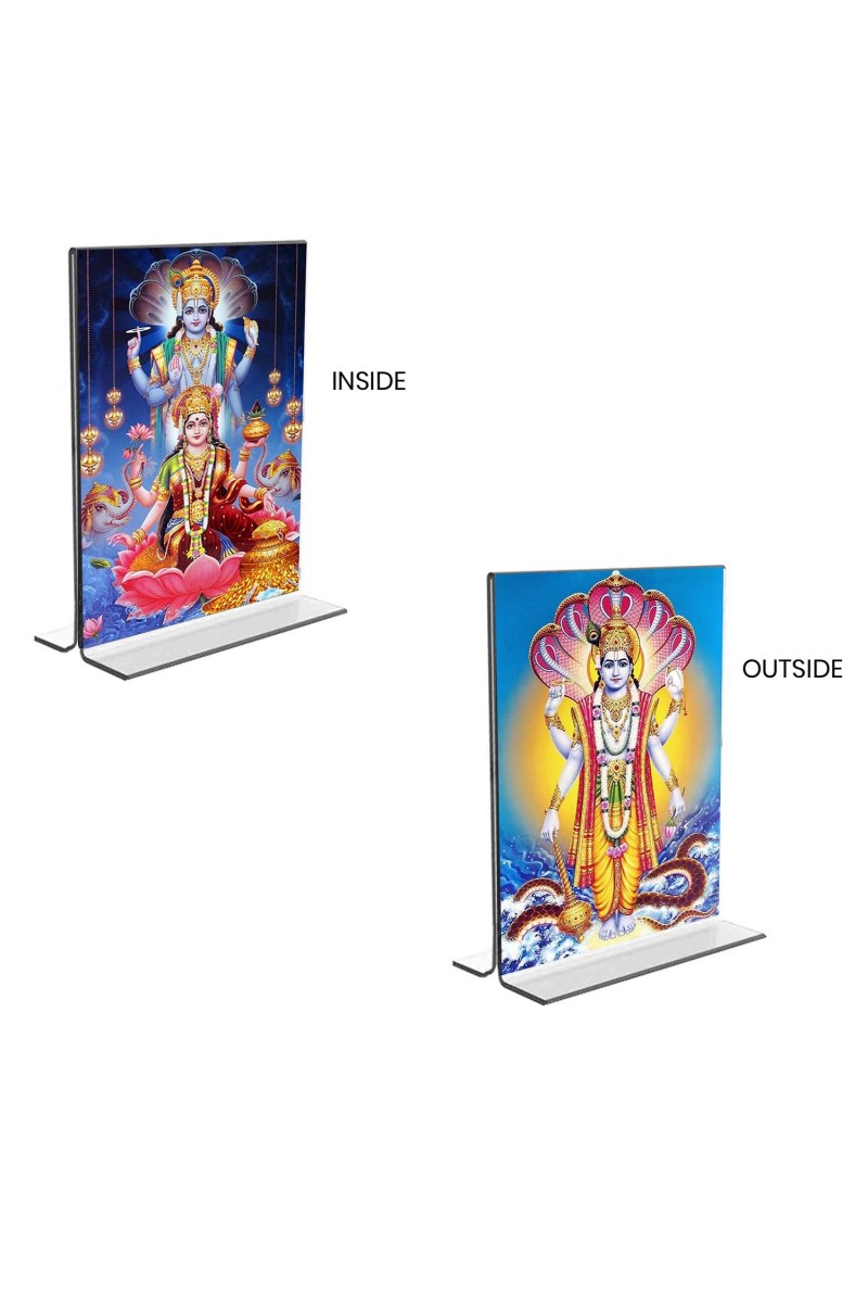 Lord Vishnu & Debi Lakhsmi Acrylic T-Style Photo Stand, Compact and Stylish Spiritual Display, easily change 2 photos (Pack of 1)