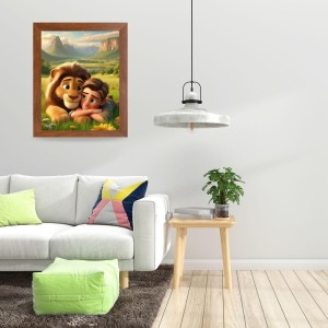AI Funny Boy with Lion Art Picture for Kids - 10x14 inches, Brown Color - Perfect Wall Decor for Children's Room