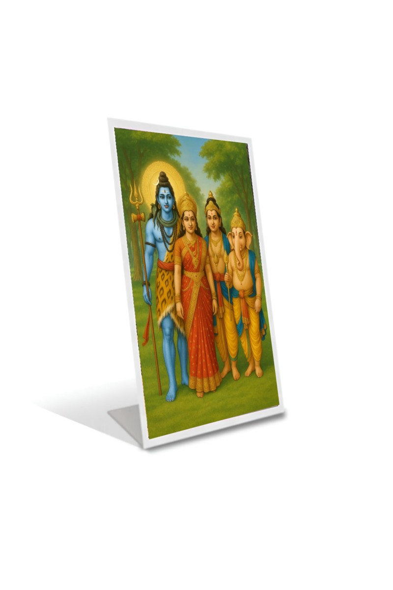 Car Desk/Table Top Lord Shiva,Parvati,sons Ganesha And Kartikeya. Acrylic L-Style Photo Stand - 2.5x3.5 Inches, Compact And Stylish Spiritual Display (F6677)