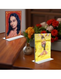 Sri Sri Paramahansa Yogananda & Sri premanand ji maharaj Acrylic T-Style Photo Stand - 9x11 Inches, Compact and Stylish Spiritual Display, easily change 2 photos (Pack of 1)