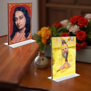 Sri Sri Paramahansa Yogananda & Sri premanand ji maharaj Acrylic T-Style Photo Stand - 9x11 Inches, Compact and Stylish Spiritual Display, easily change 2 photos (Pack of 1)