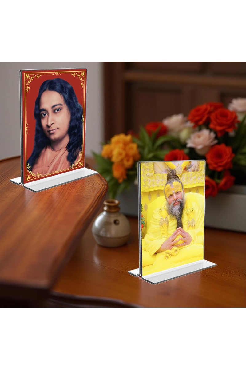 Sri Sri Paramahansa Yogananda & Sri premanand ji maharaj Acrylic T-Style Photo Stand - 9x11 Inches, Compact and Stylish Spiritual Display, easily change 2 photos (Pack of 1)