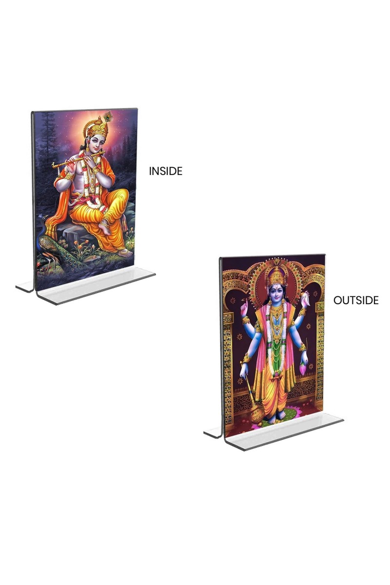 Sri Krishna & Lord Narayan Acrylic T-Style Photo Stand, Compact and Stylish Spiritual Display, easily change 2 photos (Pack of 1)
