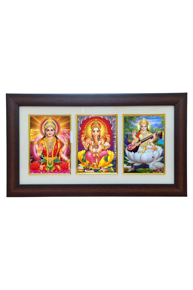 Hi tech Sales Dhan-laxmi, Ganesh, saraswati photo frame || synthetic photo Frame with Glass || Three Gods in Single Frame (Multicolor) for wall, living room, gifts, pooja