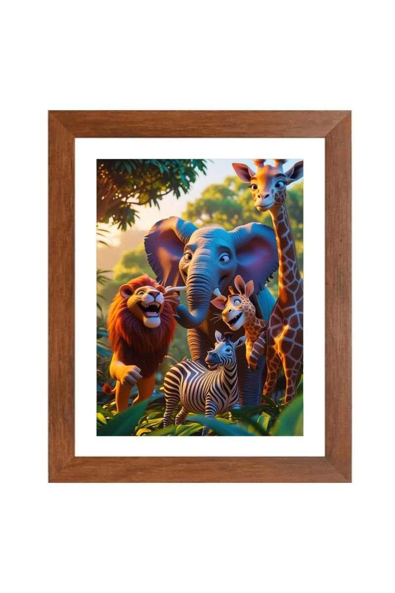 AI Funny Cute Elephant, giraffe, zebra, Lion Art Picture for Kids - 14x18 inches, Brown Color - Perfect Wall Decor for Children's Room