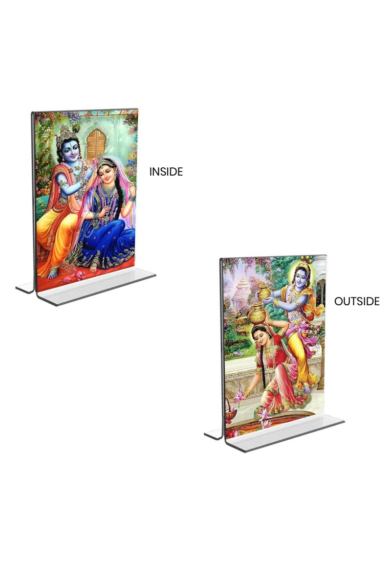 Sri Radha Sri Krishna Acrylic T-Style Photo Stand, Compact and Stylish Spiritual Display, easily change 2 photos (Pack of 1)