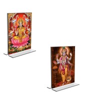 Car Desk/Table Top Maa Lakshmi Lord Narayan Acrylic T-Style Photo Stand - 2.5x3.5 Inches, Compact and Stylish Spiritual Display, easily change 2 photos (Pack of 1)