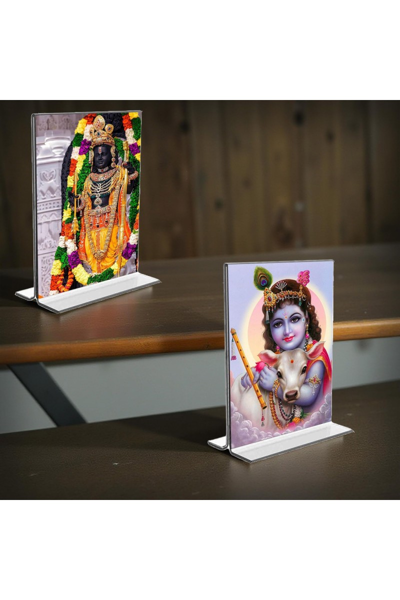 Lord Ram Lalla & Sri Krishna Acrylic T-Style Photo Stand, Compact and Stylish Spiritual Display, easily change 2 photos (Pack of 1)