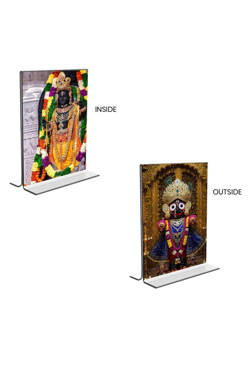 Lord Ram Lalla & Lord Jagannath Acrylic T-Style Photo Stand - 5x7 Inches, Compact and Stylish Spiritual Display, easily change 2 photos (Pack of 1)