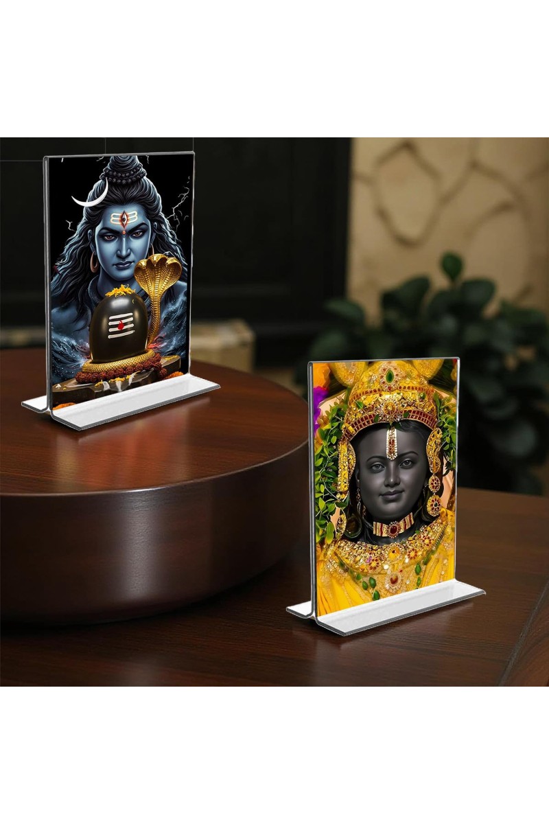 Lord Shiva & Ram Lala Acrylic T-Style Photo Stand - 5x7 Inches, Compact and Stylish Spiritual Display, easily change 2 photos (Pack of 1)