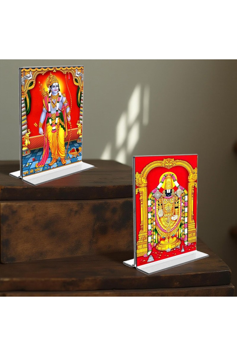 Sri Ram & Lord Tirupati Balaji Acrylic T-Style Photo Stand - 5x7 Inches, Compact and Stylish Spiritual Display, easily change 2 photos (Pack of 1)