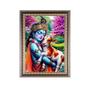 Bal Krishna With Cow Photo Frame - 10x14 Inches, Brown Wooden Frame for Home, Office & Temple Decoration