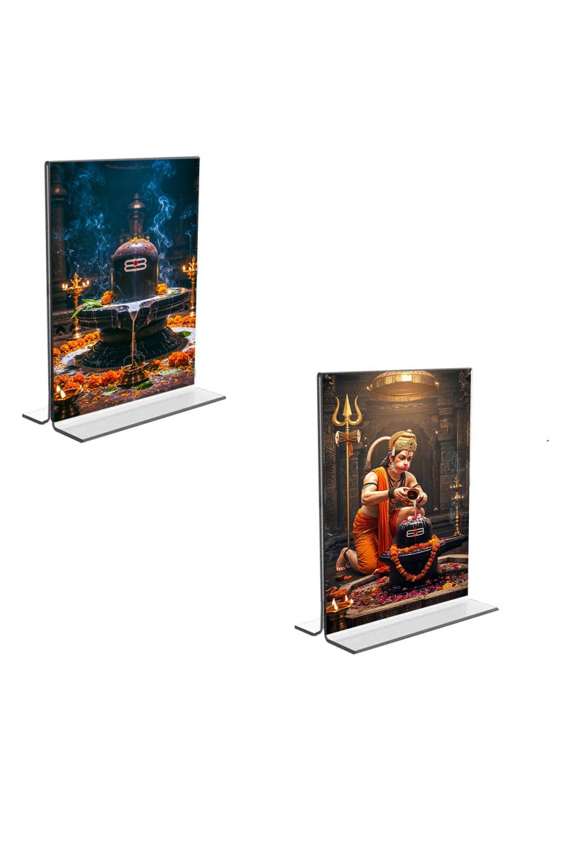 Car Desk/Table Top Sri Hanuman & Lord Shiva Lingam Acrylic T-Style Photo Stand - 2.5x3.5 Inches, Compact and Stylish Spiritual Display, easily change 2 photos (Pack of 1)