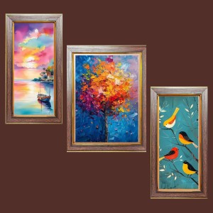 3-Pack Tree and birds painting Photo Frames - 2 Pieces 6x13 Inch & 1 Piece 10x13 Inch - Rustic Wall Art for Home & Office Decor - Botanical Wall Hanging for Living Room, Bedroom, or Workspace