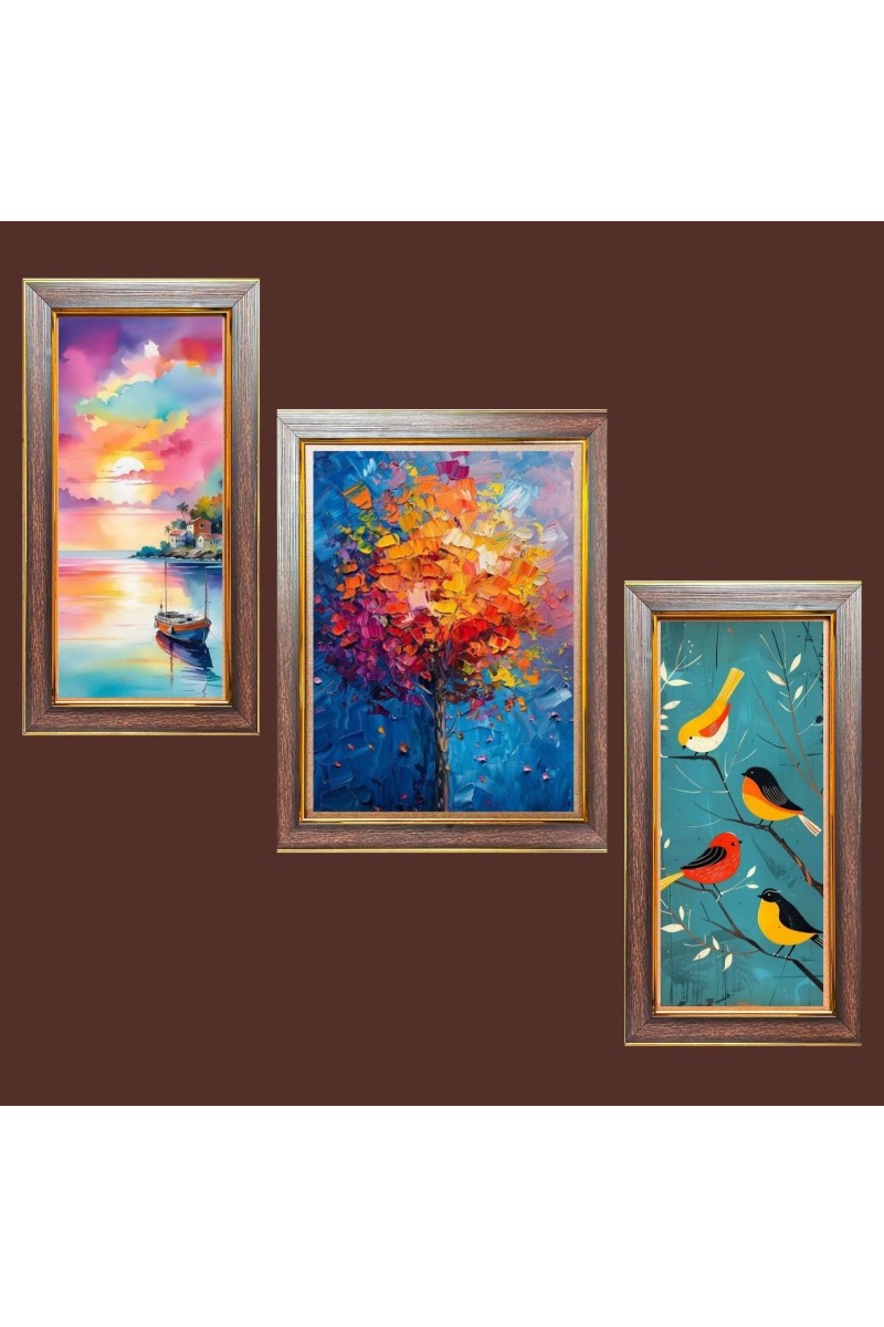 3-Pack Tree and birds painting Photo Frames - 2 Pieces 6x13 Inch & 1 Piece 10x13 Inch - Rustic Wall Art for Home & Office Decor - Botanical Wall Hanging for Living Room, Bedroom, or Workspace