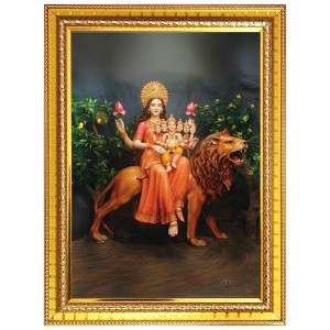 Maa Skandamata Photo Frame - 14x18 Inches, Brown Wooden Frame for Home, Office & Temple Decoration