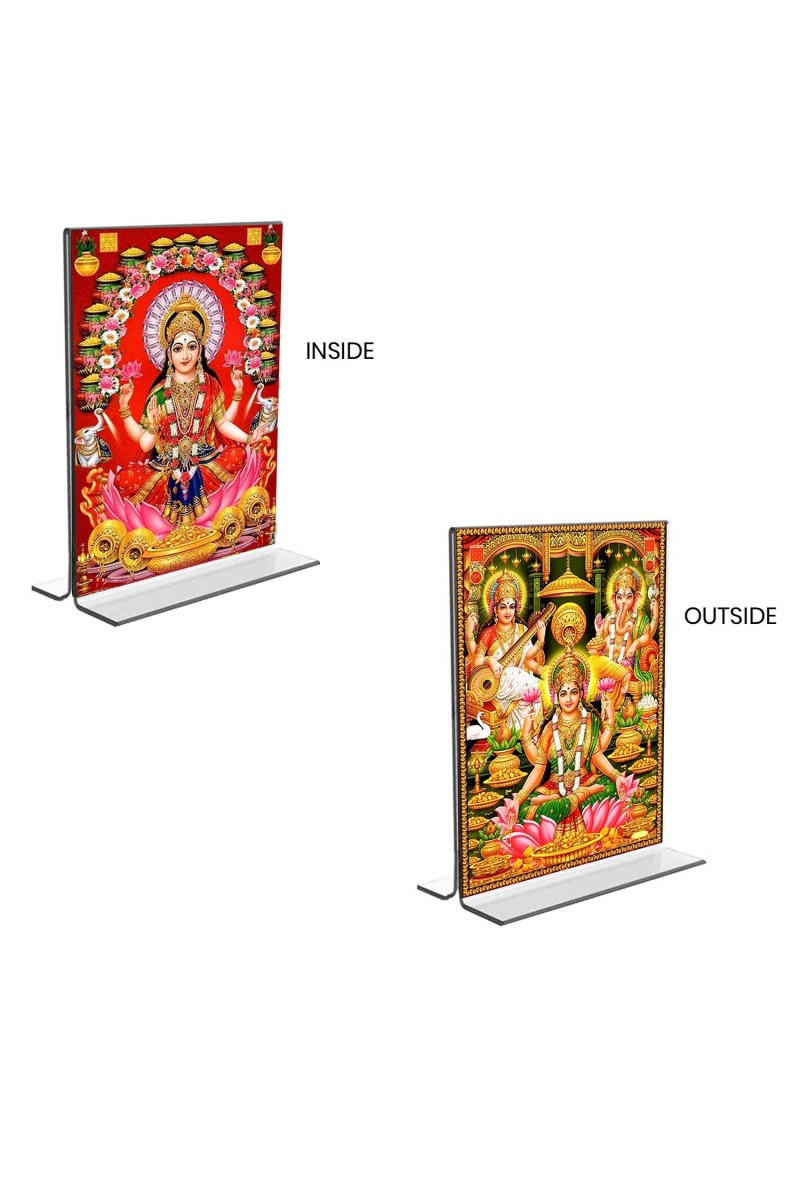 Debi Lakhsmi Sri Ganesh Debi Saraswati Acrylic T-Style Photo Stand, Compact and Stylish Spiritual Display, easily change 2 photos (Pack of 1)