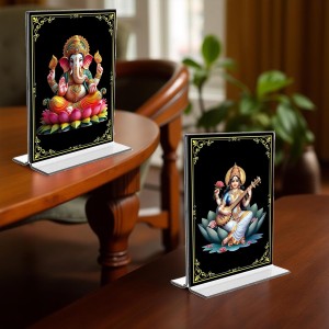 Sri Ganesh & Debi Saraswati Acrylic T-Style Photo Stand, Compact and Stylish Spiritual Display, easily change 2 photos (Pack of 1) Sri Ganesh & Debi Saraswati Acrylic T-Style Photo Stand, Compact and Stylish Spiritual Display, easily change 2 photos (Pack of 1)