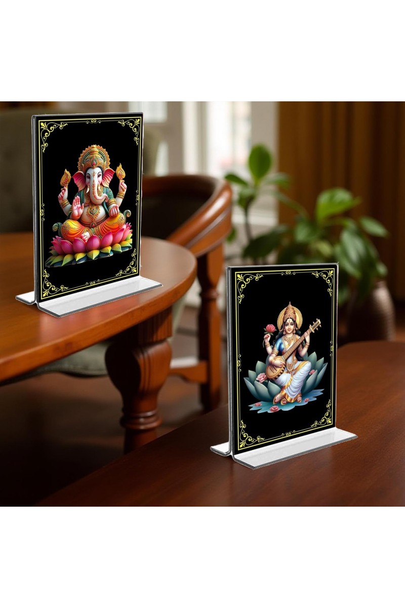 Sri Ganesh & Debi Saraswati Acrylic T-Style Photo Stand, Compact and Stylish Spiritual Display, easily change 2 photos (Pack of 1)