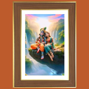 Radha Krishna Photo Frame - 14x18 Inches, Brown Wooden Frame for Home, Office & Temple Decoration