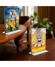 Lord Khatu shyam & Sri Krishna Acrylic T-Style Photo Stand, Compact and Stylish Spiritual Display, easily change 2 photos (Pack of 1)
