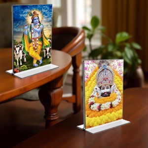 Lord Khatu shyam & Sri Krishna Acrylic T-Style Photo Stand - 7x9 Inches, Compact and Stylish Spiritual Display, easily change 2 photos (Pack of 1)