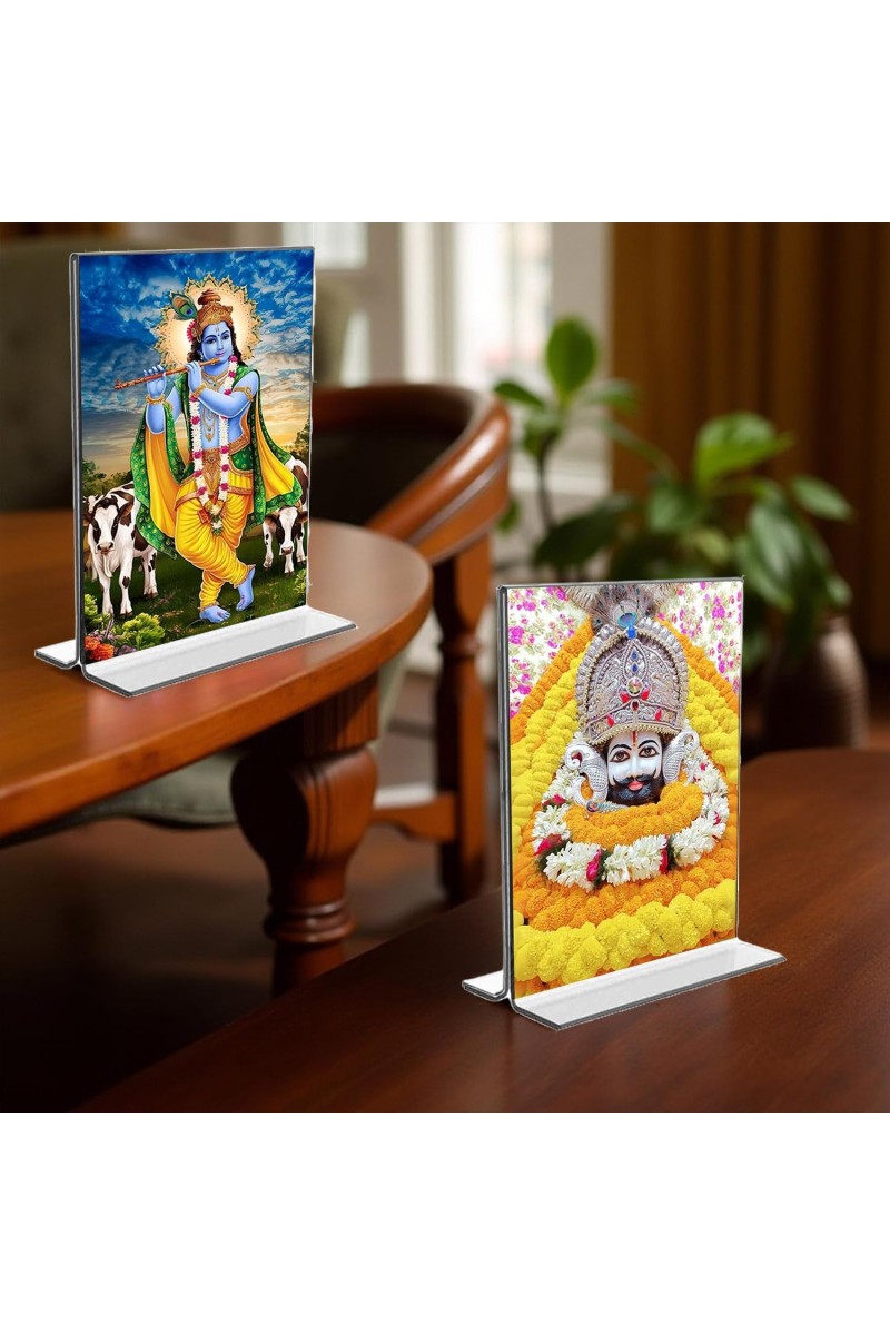 Lord Khatu shyam & Sri Krishna Acrylic T-Style Photo Stand, Compact and Stylish Spiritual Display, easily change 2 photos (Pack of 1)