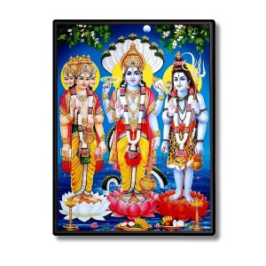 Brahma Vishnu & Shiva Laminated Photo - 7x9 Inches, Divine Blessings for Home & Office and Temple Decoration