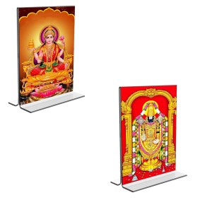 Car Desk/Table Top Maa Lakshmi & Lord Tirupati Balaji Acrylic T-Style Photo Stand - 2.5x3.5 Inches, Compact and Stylish Spiritual Display, easily change 2 photos (Pack of 1)