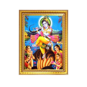 Bal Krishna Dancing On Kaliya Naag Photo Frame - 14x18 Inches, Brown Wooden Frame for Home, Office & Temple Decoration