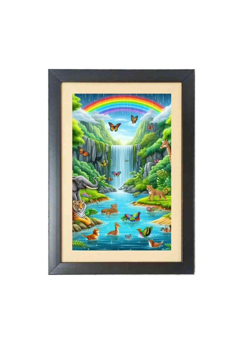 Animals and birds in rainbow Photo Frame Funny Animal and Bird Cartoon Art, Black color, 13x17 Inch