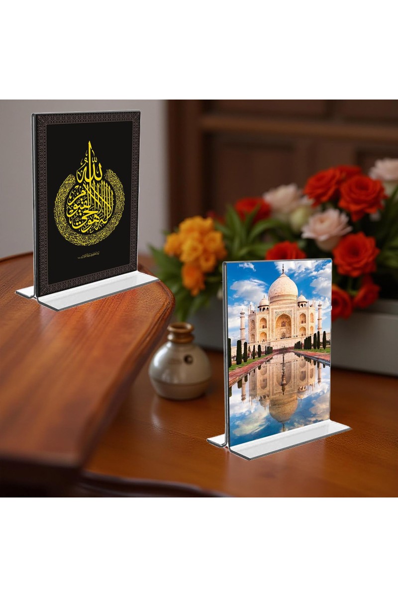 Islamic Allah & Taj Mahal Acrylic T-Style Photo Stand - 5x7 Inches, Compact and Stylish Spiritual Display, easily change 2 photos (Pack of 1)