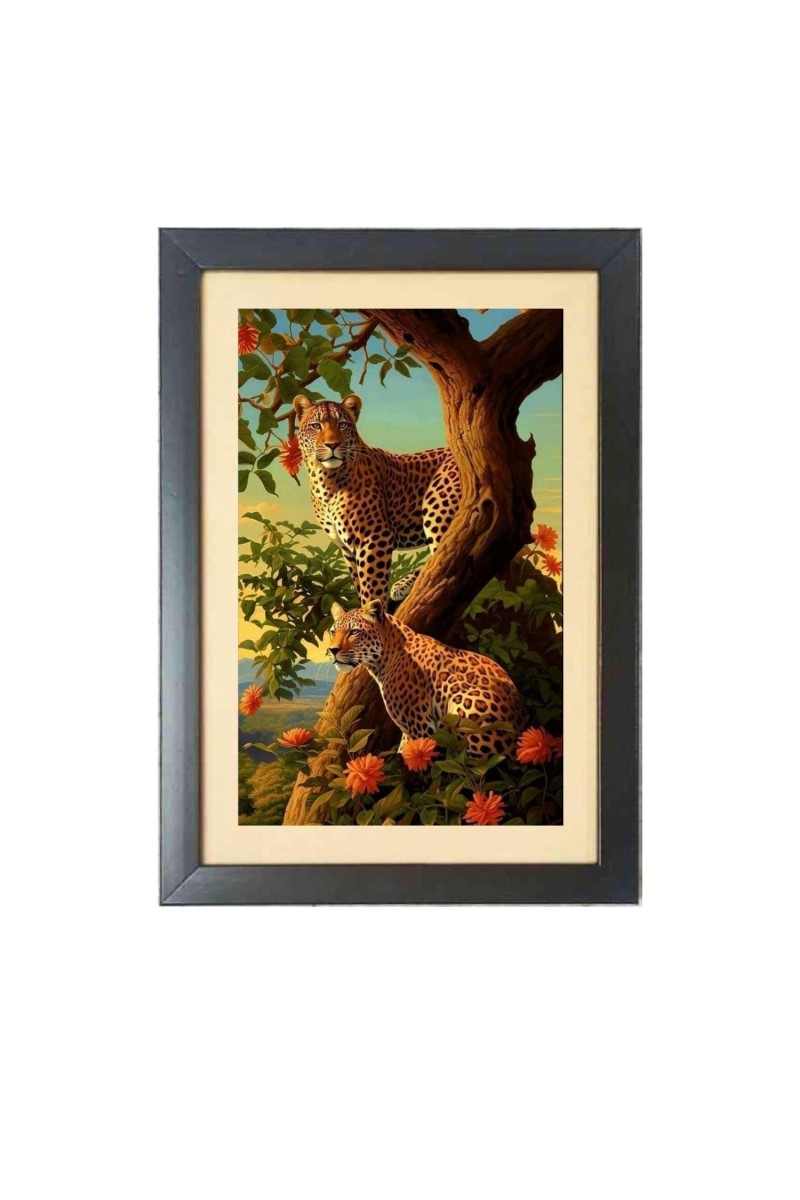 The two wild Cheetahs Photo Frame Funny Animal and Bird Cartoon Art, Black color, 17x21 Inch