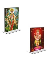 Car Desk/Table Top Lord Ganesh & Maa Durga Acrylic T-Style Photo Stand - 2.5x3.5 Inches, Compact and Stylish Spiritual Display, easily change 2 photos (Pack of 1)
