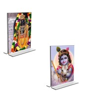 Car Desk/Table Top Lord Ram Lalla & Sri Krishna Acrylic T-Style Photo Stand - 2.5x3.5 Inches, Compact and Stylish Spiritual Display, easily change 2 photos (Pack of 1)
