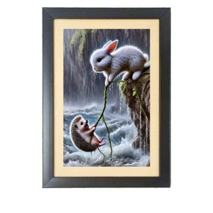A brave Rabbit saves baby Fox from water Photo Frame Funny Animal and Bird Cartoon Art, Black color, 11x15 Inch