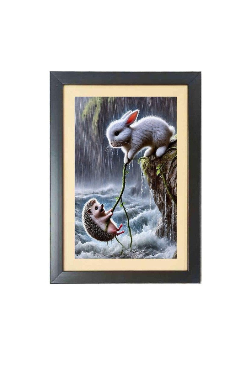 A brave Rabbit saves baby Fox from water Photo Frame Funny Animal and Bird Cartoon Art, Black color, 13x17 Inch