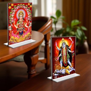 Car Desk/Table Top Maa Lakshmi & Maa Kali Acrylic T-Style Photo Stand - 2.5x3.5 Inches, Compact and Stylish Spiritual Display, easily change 2 photos (Pack of 1)