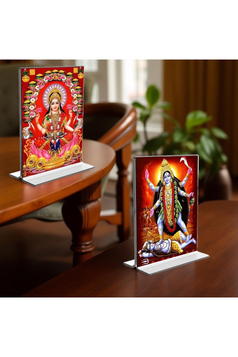 Debi Lakshmi & Debi Kali Acrylic T-Style Photo Stand - 7x9 Inches, Compact and Stylish Spiritual Display, easily change 2 photos (Pack of 1)