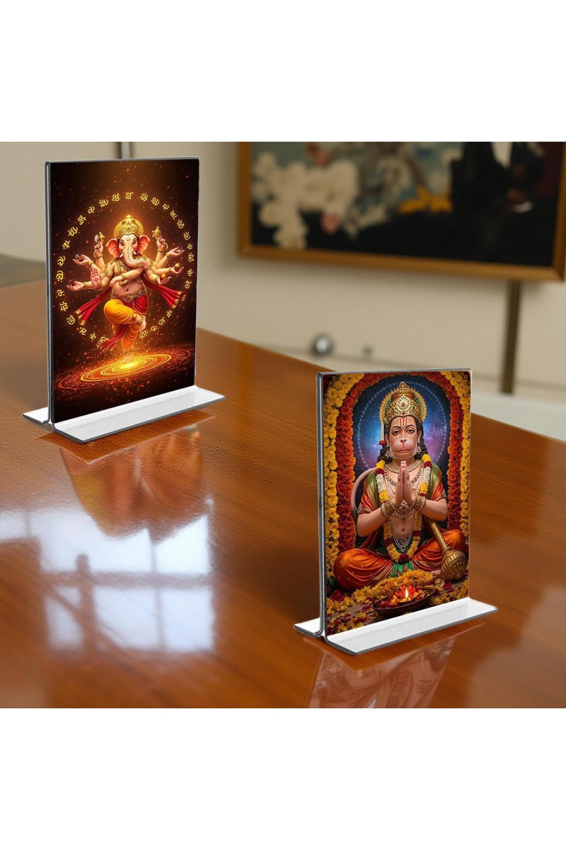 Lord Ganesh & Sri Hanuman Acrylic T-Style Photo Stand - 11x13 Inches, Compact and Stylish Spiritual Display, easily change 2 photos (Pack of 1)