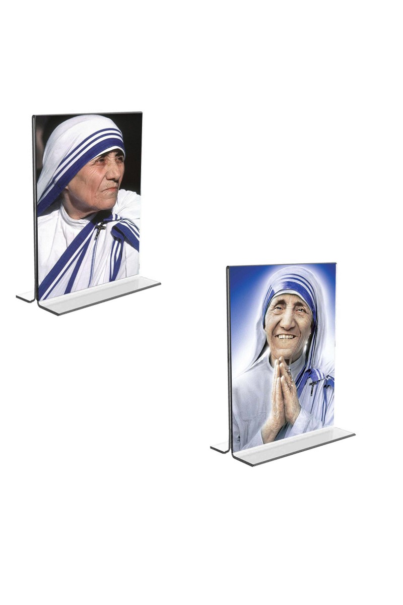 Car Desk/Table Top Mother Teresa Acrylic T-Style Photo Stand - 2.5x3.5 Inches, Compact and Stylish Spiritual Display, easily change 2 photos (Pack of 1)