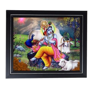 Hitech Sales Sri Krishna Photo Frame for Pooja Room, Temple Decor, Home Decoration and Gift (Wall and Tabletop, Rectangular, Printed Photo, 12 x 14 inches Frame, Brown)