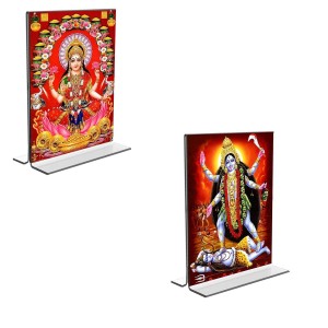 Car Desk/Table Top Maa Lakshmi & Maa Kali Acrylic T-Style Photo Stand - 2.5x3.5 Inches, Compact and Stylish Spiritual Display, easily change 2 photos (Pack of 1)
