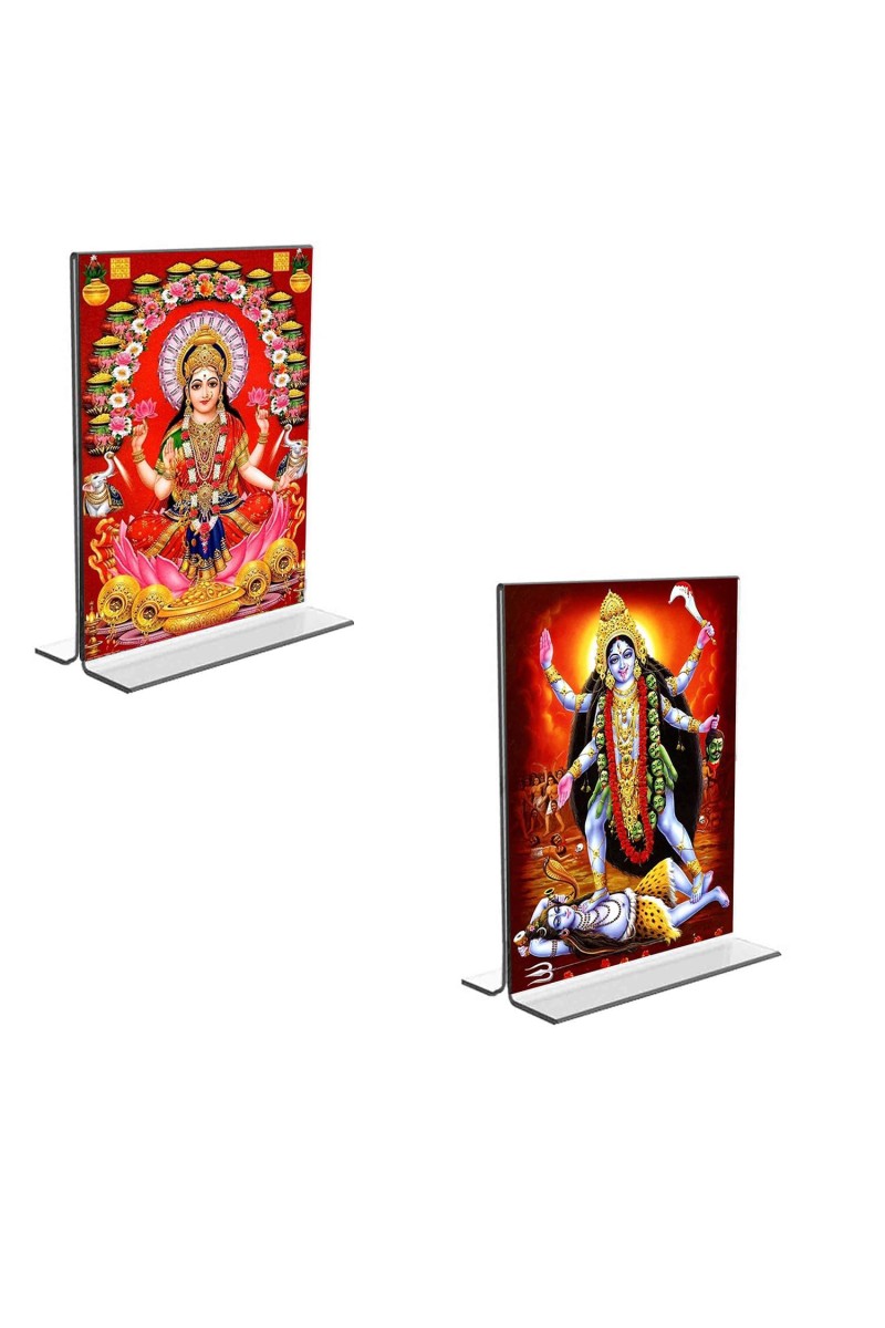 Car Desk/Table Top Maa Lakshmi & Maa Kali Acrylic T-Style Photo Stand - 2.5x3.5 Inches, Compact and Stylish Spiritual Display, easily change 2 photos (Pack of 1)