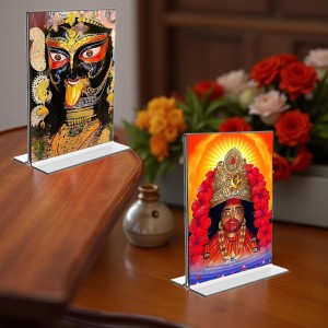 Car Desk/Table Top Maa Kali Acrylic T-Style Photo Stand - 2.5x3.5 Inches, Compact and Stylish Spiritual Display, easily change 2 photos (Pack of 1)